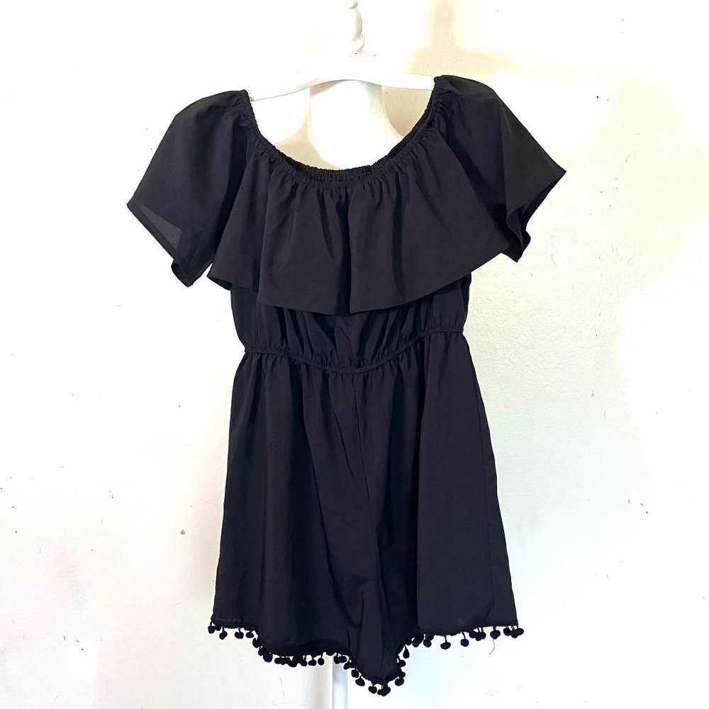 Black Romper with Tassle Fringe Leg Hem, Size M, Off-shoulder or not